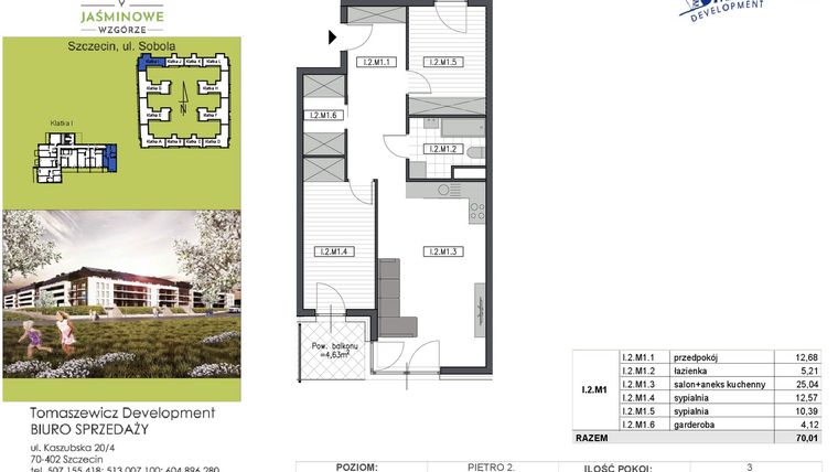 Rzut - Mieszkanie na sprzedaż 3 pokoje o powierzchni 70,01 m² - numer I2M1 w Jaśminowe Wzgórze - etap II