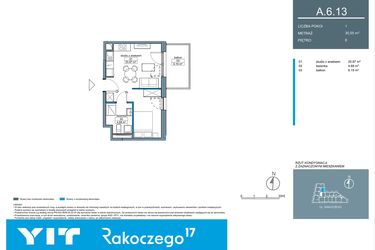 Rzut - Mieszkanie na sprzedaż 1 pokój o powierzchni 30,62 m² - numer A.6.13 w Rakoczego 17