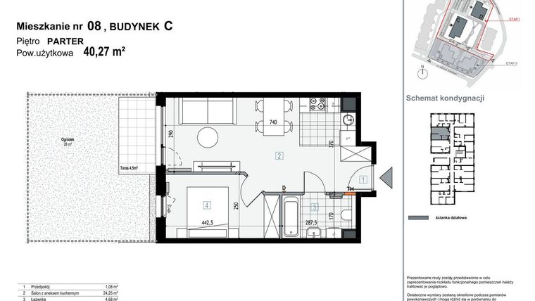 Rzut - Mieszkanie na sprzedaż 2 pokoje o powierzchni 40,27 m² - numer C.M08 w Apartamenty Kopernika