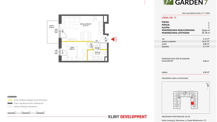 Rzut - Mieszkanie na sprzedaż 2 pokoje o powierzchni 36,64 m² - numer 78 w Nova Viva Garden 7