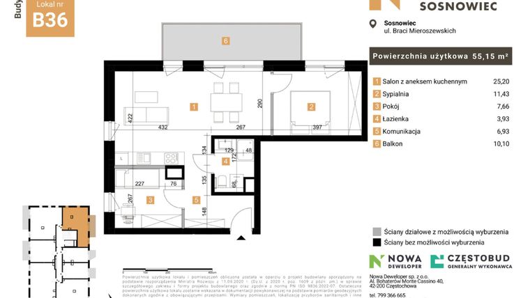 Rzut - Mieszkanie na sprzedaż 3 pokoje o powierzchni 55,15 m² - numer 36 w Nowy Sosnowiec