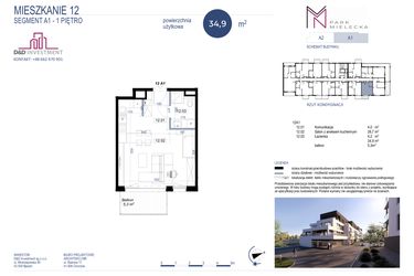 Rzut - Mieszkanie na sprzedaż 1 pokój o powierzchni 34,9 m² - numer A1-12 w Park Mielecka