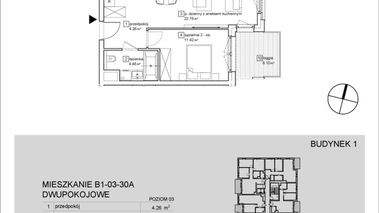 Rzut - Mieszkanie na sprzedaż 2 pokoje o powierzchni 42,92 m² - numer B1-03-30A w Francuska Park IX