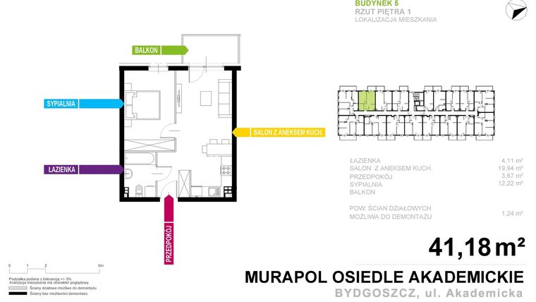 Rzut - Mieszkanie na sprzedaż 2 pokoje o powierzchni 41,18 m² - numer 5.A.1.15 w Murapol Osiedle Akademickie