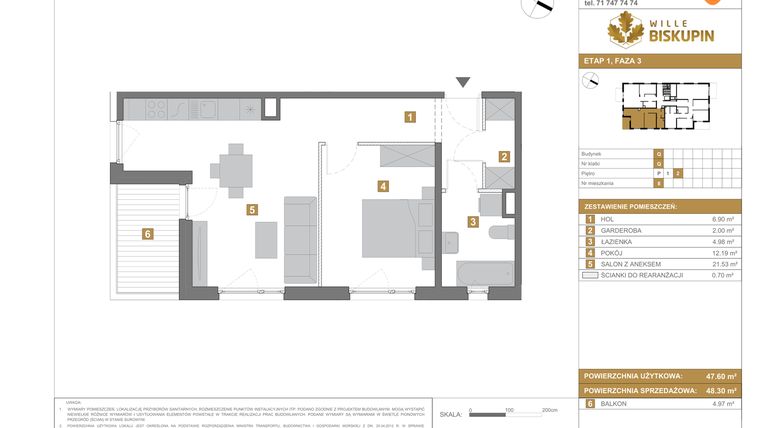 Rzut - Mieszkanie na sprzedaż 2 pokoje o powierzchni 48,3 m² - numer Q8 w Wille Biskupin III