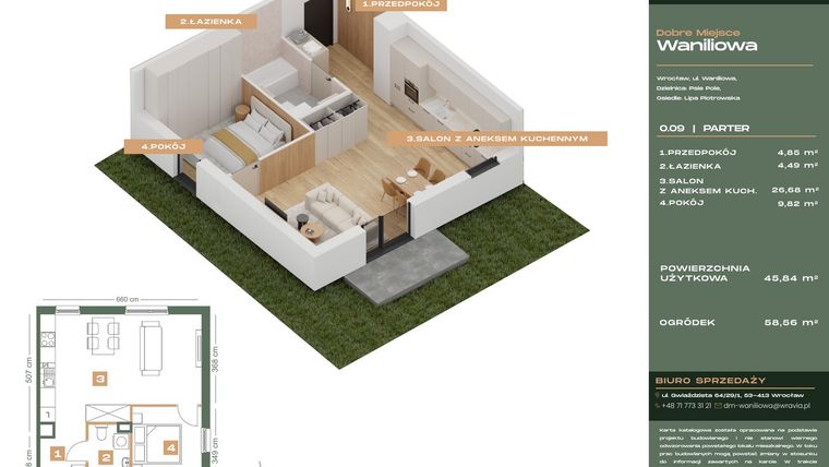 Rzut - Mieszkanie na sprzedaż 2 pokoje o powierzchni 45,84 m² - numer L.0-9 w Dobre Miejsce Waniliowa