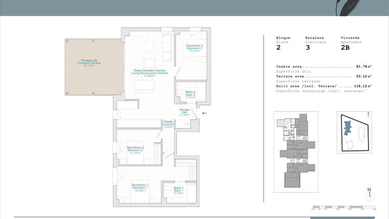 Rzut - Mieszkanie na sprzedaż 3 pokoje o powierzchni 81,78 m² - numer B2-2B w Talasa Celeus y Terra by Quadratia