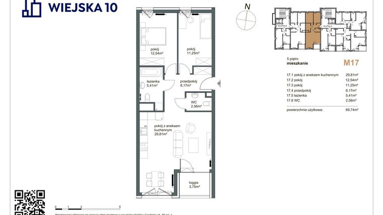 Rzut - Mieszkanie na sprzedaż 3 pokoje o powierzchni 69,74 m² - numer 17 w Wiejska 10