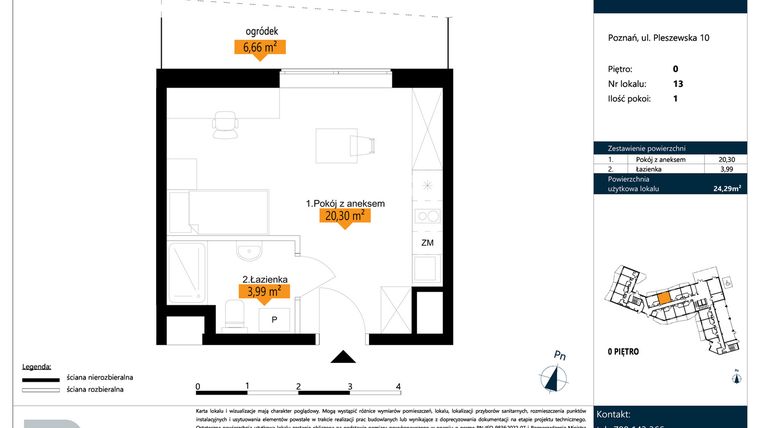 Rzut - Mieszkanie na sprzedaż 1 pokój o powierzchni 24,29 m² - numer B.0.13 w ŁACINA SPOT - apartamenty inwestycyjne
