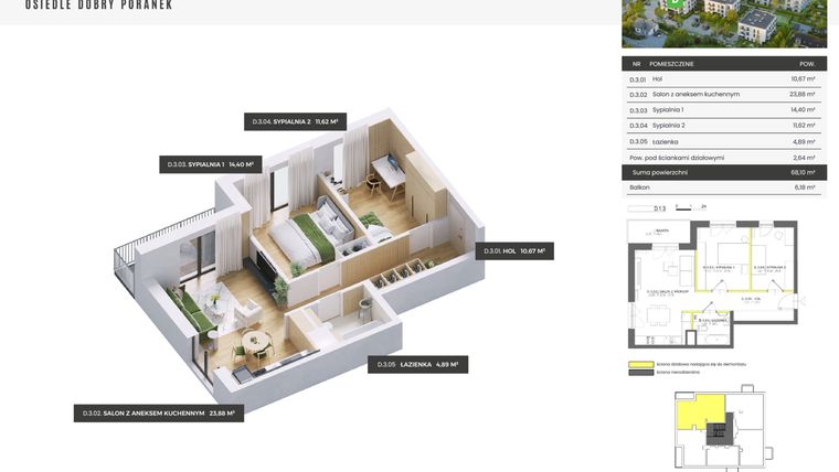 Rzut - Mieszkanie na sprzedaż 3 pokoje o powierzchni 68,1 m² - numer D.1.3 w Dobry Poranek