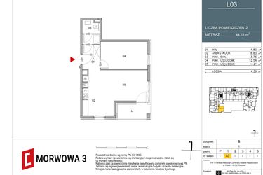 Rzut - Mieszkanie na sprzedaż 2 pokoje o powierzchni 44,11 m² - numer 3 w Morwowa 3 - Apartamenty Inwestycyjne