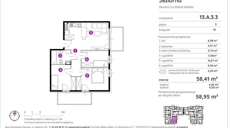 Rzut - Mieszkanie na sprzedaż 4 pokoje o powierzchni 58,95 m² - numer 13.A.3.3 w Murapol Siewierz Jeziorna