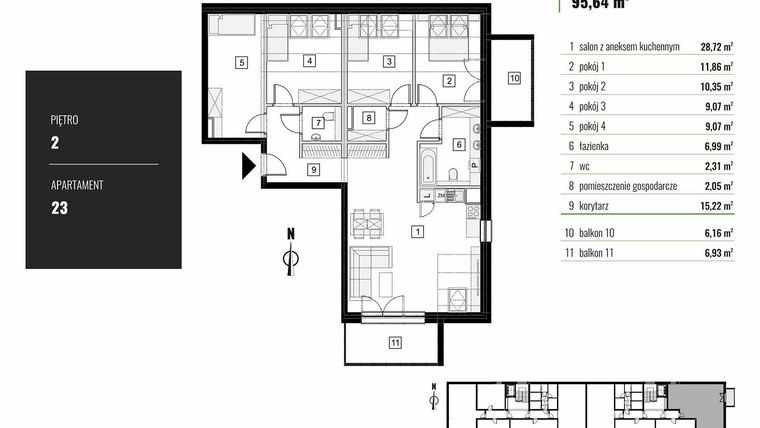Rzut - Mieszkanie na sprzedaż 5 pokoi o powierzchni 95,64 m² - numer M.23 w Zielony Horyzont II