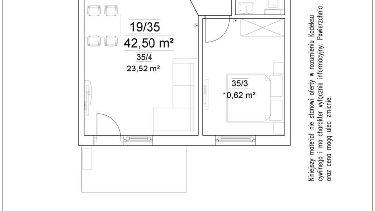 Rzut - Mieszkanie na sprzedaż 2 pokoje o powierzchni 42,5 m² - numer 19/35 w Osiedle Versus etap II