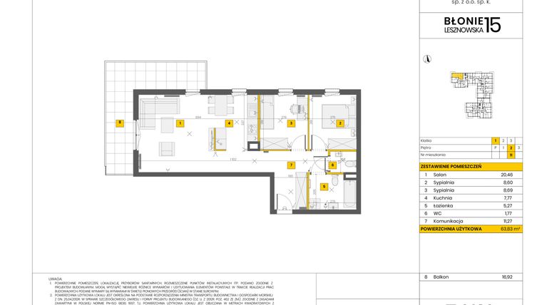 Rzut - Mieszkanie na sprzedaż 3 pokoje o powierzchni 63,83 m² - numer KM.11 w Apartamenty Nad Stawami