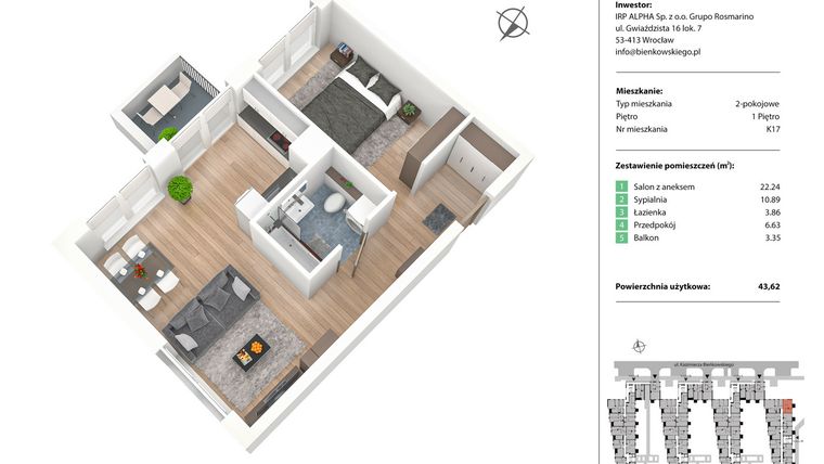 Rzut - Mieszkanie na sprzedaż 2 pokoje o powierzchni 43,62 m² - numer K17 w Nowe Żerniki Bieńkowskiego etap II