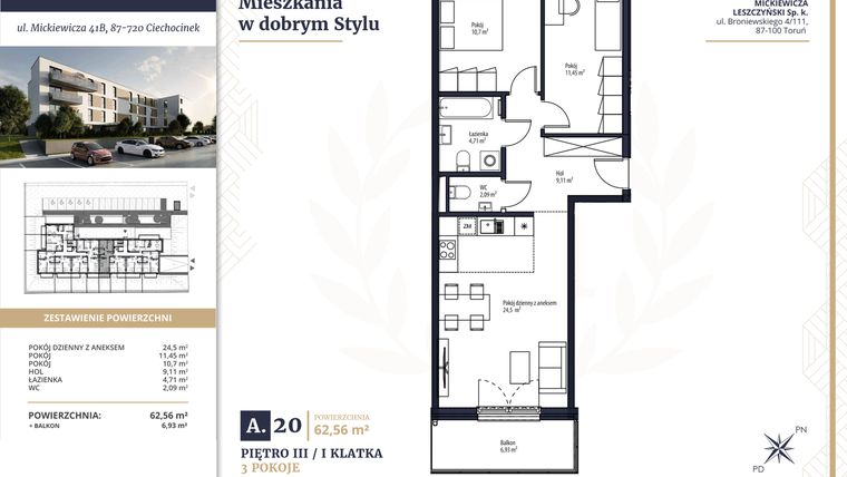 Rzut - Mieszkanie na sprzedaż 3 pokoje o powierzchni 62,56 m² - numer A20 w Mickiewicza