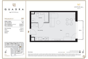 Rzut - Mieszkanie na sprzedaż 1 pokój o powierzchni 31,44 m² - numer 64 w QUADRA