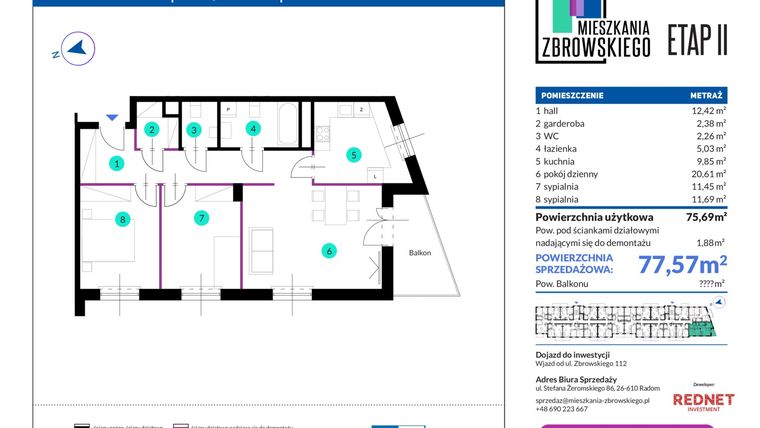 Rzut - Mieszkanie na sprzedaż 3 pokoje o powierzchni 77,57 m² - numer 53 w Mieszkania Zbrowskiego - etap II