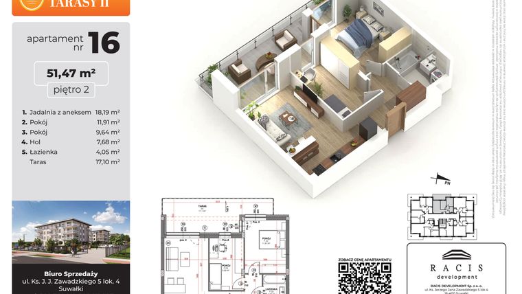 Rzut - Mieszkanie na sprzedaż 3 pokoje o powierzchni 51,47 m² - numer 16 w Słoneczne Tarasy II