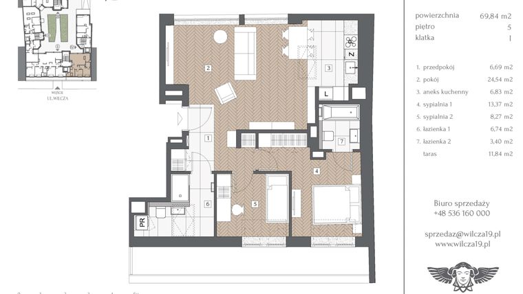 Rzut - Mieszkanie na sprzedaż 3 pokoje o powierzchni 69,84 m² - numer 5.1 w Kamienica Wilcza 19