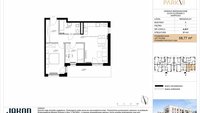 Rzut - Mieszkanie na sprzedaż 3 pokoje o powierzchni 58,77 m² - numer A.B17 w Merano Park II