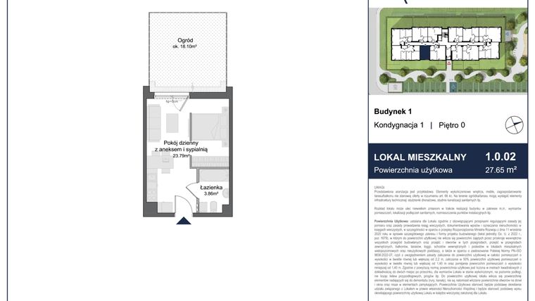 Rzut - Mieszkanie na sprzedaż 1 pokój o powierzchni 27,65 m² - numer 1.0.02 w Rytelska