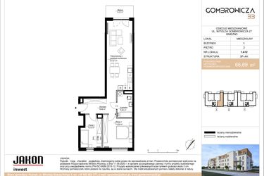 Rzut - Mieszkanie na sprzedaż 3 pokoje o powierzchni 66,89 m² - numer 1.A12 w Gombrowicza 33