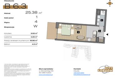 Rzut - Mieszkanie na sprzedaż 1 pokój o powierzchni 25,61 m² - numer B 6.3 w City Łobzów