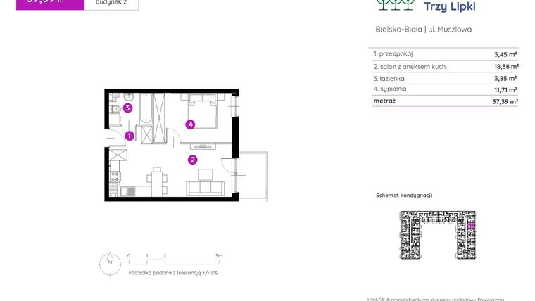 Rzut - Mieszkanie na sprzedaż 2 pokoje o powierzchni 37,64 m² - numer 2.B.2.03 w Murapol Trzy Lipki etap II