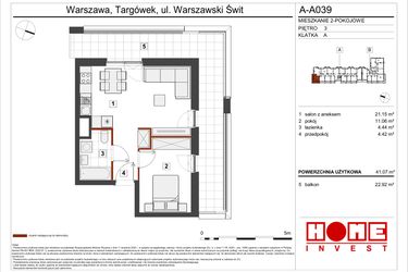 Rzut - Mieszkanie na sprzedaż 2 pokoje o powierzchni 41,07 m² - numer A-A039 w Warszawski Świt etap VII