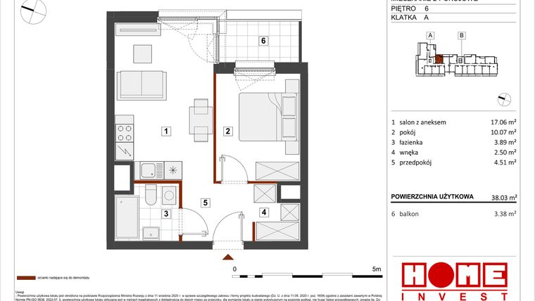 Rzut - Mieszkanie na sprzedaż 2 pokoje o powierzchni 38,03 m² - numer B1-A046 w Warszawski Świt etap VIII