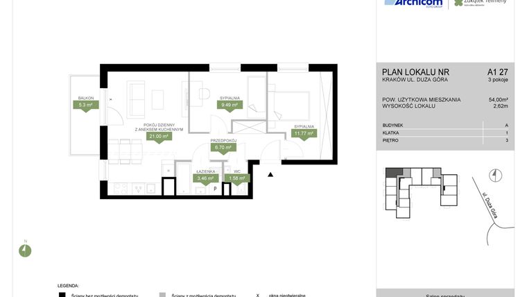 Rzut - Mieszkanie na sprzedaż 3 pokoje o powierzchni 54 m² - numer A1 27 w Zakątek Telimeny