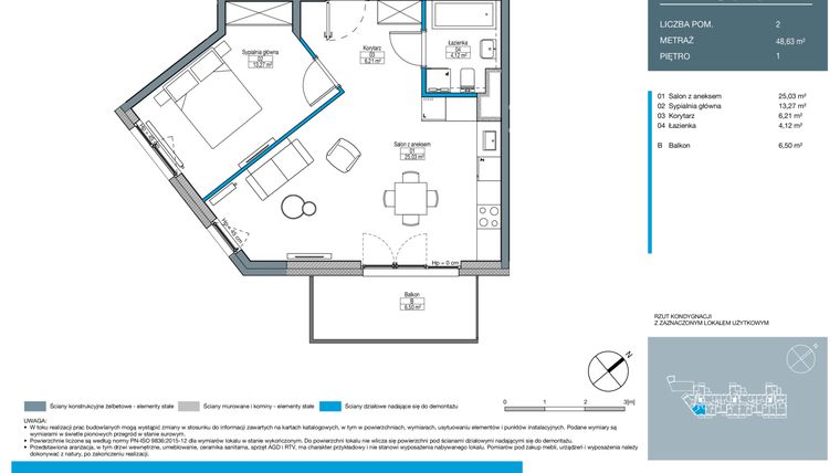 Rzut - Mieszkanie na sprzedaż 2 pokoje o powierzchni 48,63 m² - numer DC0104 w Talarowa Park II