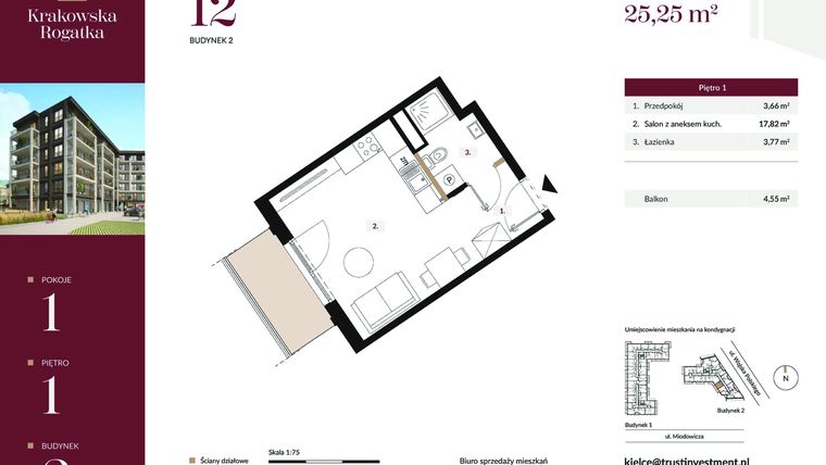 Rzut - Mieszkanie na sprzedaż 1 pokój o powierzchni 25,25 m² - numer 2.M12 w Krakowska Rogatka