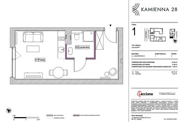 Rzut - Mieszkanie na sprzedaż 1 pokój o powierzchni 31,08 m² - numer 4.1 w Kamienna 28 - apartamenty inwestycyjne