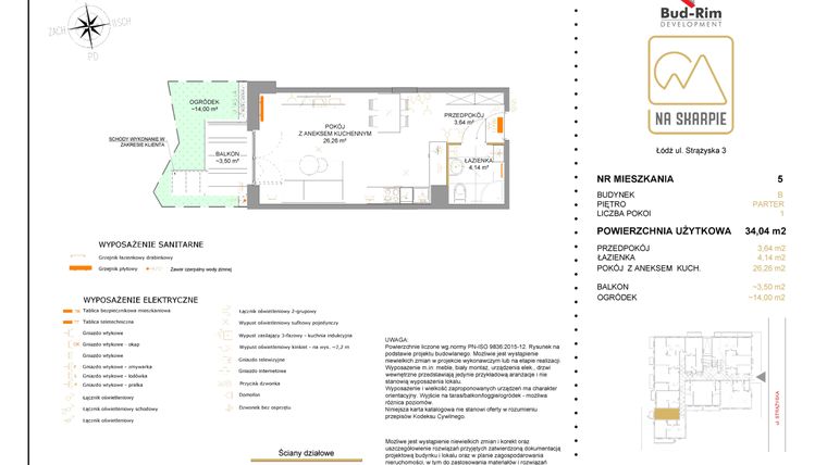 Rzut - Mieszkanie na sprzedaż 1 pokój o powierzchni 34,04 m² - numer B5 w Na Skarpie bud. B