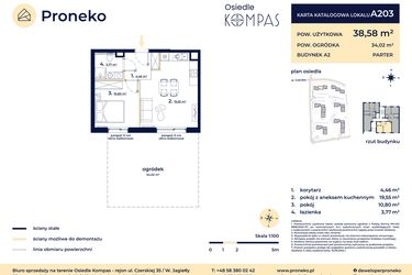 Rzut - Mieszkanie na sprzedaż 2 pokoje o powierzchni 38,58 m² - numer A203 w Osiedle Kompas