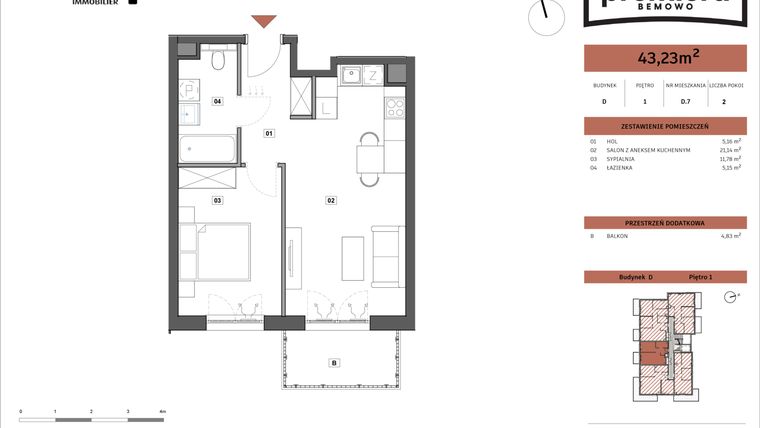 Rzut - Mieszkanie na sprzedaż 2 pokoje o powierzchni 43,23 m² - numer D.07 w Premiera Bemowo