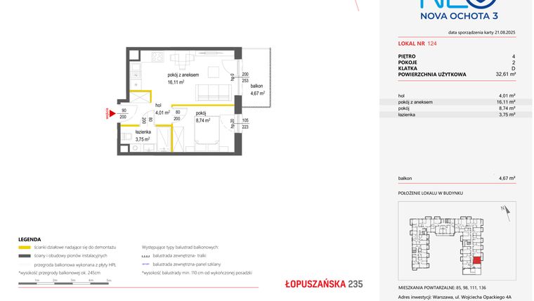 Rzut - Mieszkanie na sprzedaż 2 pokoje o powierzchni 32,61 m² - numer 124 w Neo Nova Ochota 3