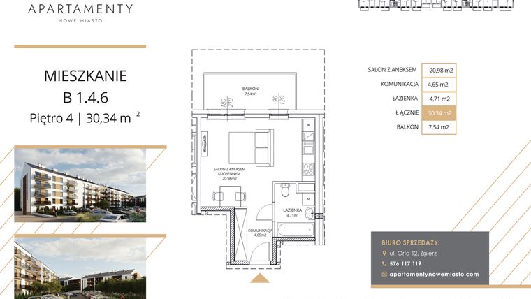 Rzut - Mieszkanie na sprzedaż 1 pokój o powierzchni 30,34 m² - numer B1.4.6 w Apartamenty Nowe Miasto