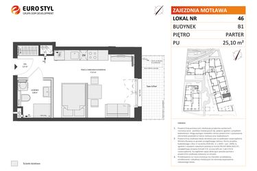 Rzut - Mieszkanie na sprzedaż 1 pokój o powierzchni 25,1 m² - numer B1.46 w Zajezdnia Motława