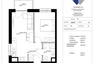 Rzut - Mieszkanie na sprzedaż 2 pokoje o powierzchni 36,74 m² - numer 10C/13 w Jasielska 8C etap II
