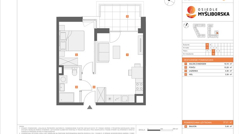 Rzut - Mieszkanie na sprzedaż 2 pokoje o powierzchni 37,21 m² - numer A18 w Osiedle Myśliborska