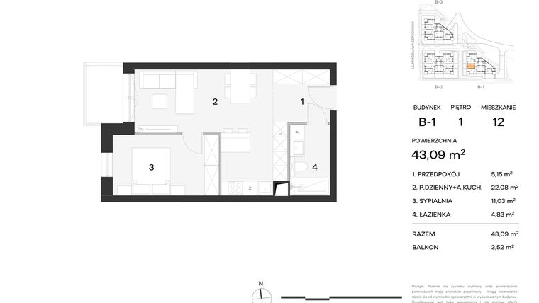 Rzut - Mieszkanie na sprzedaż 2 pokoje o powierzchni 43,09 m² - numer 12 w Koncertowa Dolina