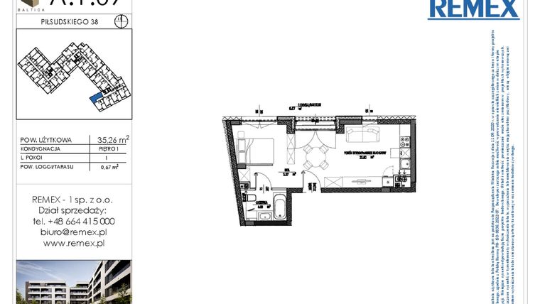 Rzut - Mieszkanie na sprzedaż 1 pokój o powierzchni 35,26 m² - numer A.1.09 w Osiedle BALTICA