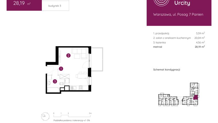 Rzut - Mieszkanie na sprzedaż 1 pokój o powierzchni 28,19 m² - numer 3.A.8.01 w Murapol Urcity