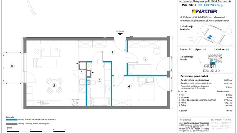 Rzut - Mieszkanie na sprzedaż 3 pokoje o powierzchni 68,53 m² - numer B.1.66 w Daszyńskiego Square etap 1