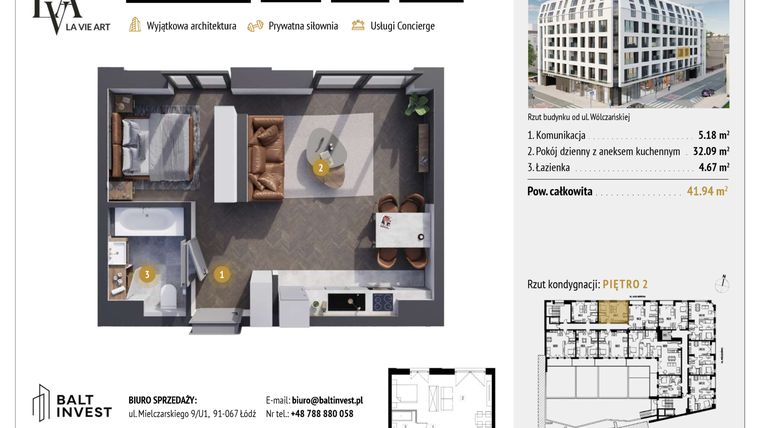 Rzut - Mieszkanie na sprzedaż 1 pokój o powierzchni 41,94 m² - numer M2.2 w La Vie Art