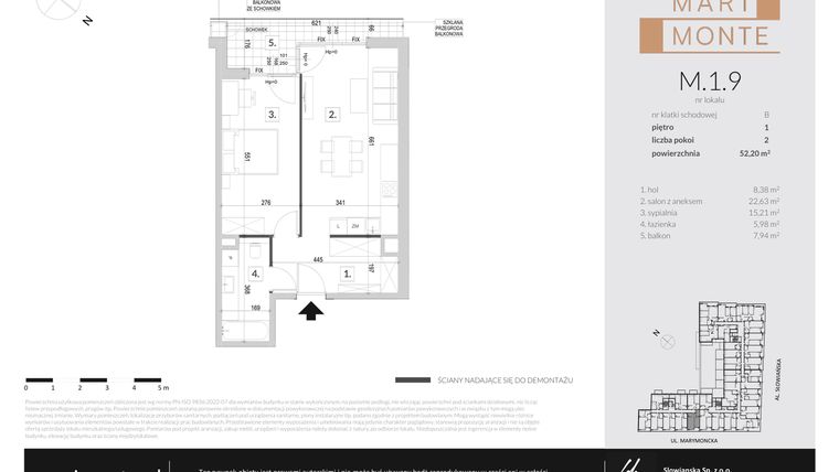 Rzut - Mieszkanie na sprzedaż 2 pokoje o powierzchni 52,2 m² - numer M.1.9 w Marimonte